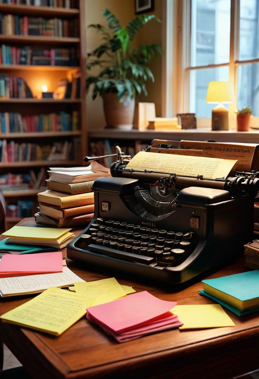 A stylish writer's desk adorned with an open thesaurus, colorful sticky notes filled with synonyms, and a vintage typewriter. A soft light casts a warm glow, enhancing a sense of creativity and focus. The background features a vibrant bookshelf overflowing with literature. super-realistic. warm colors. cozy atmosphere.