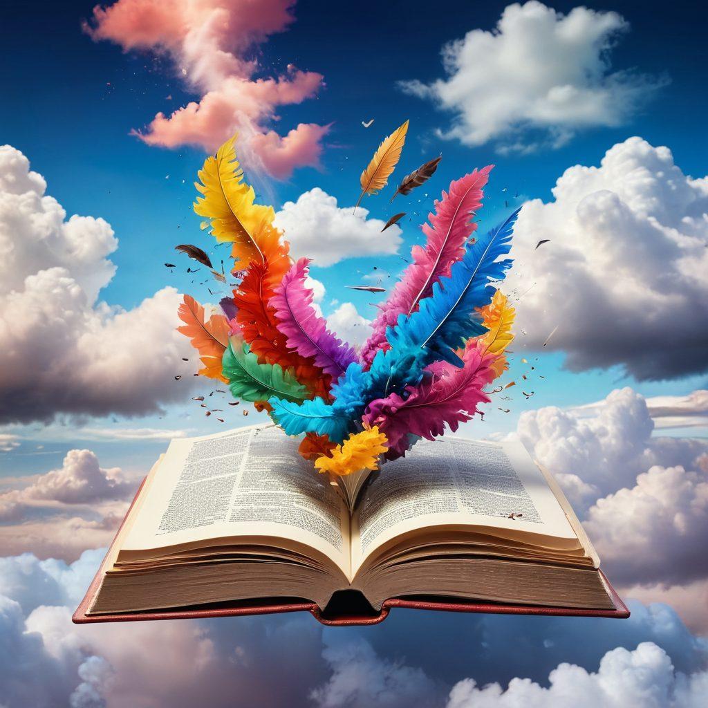 A surreal open book floating amidst clouds, its pages filled with vibrant words bursting into colorful synonyms and antonyms, surrounded by a quill and ink pot that seem to hover in mid-air. The background features a dreamy landscape blending imagination and literature elements. ethereal. vibrant colors. super-realistic.