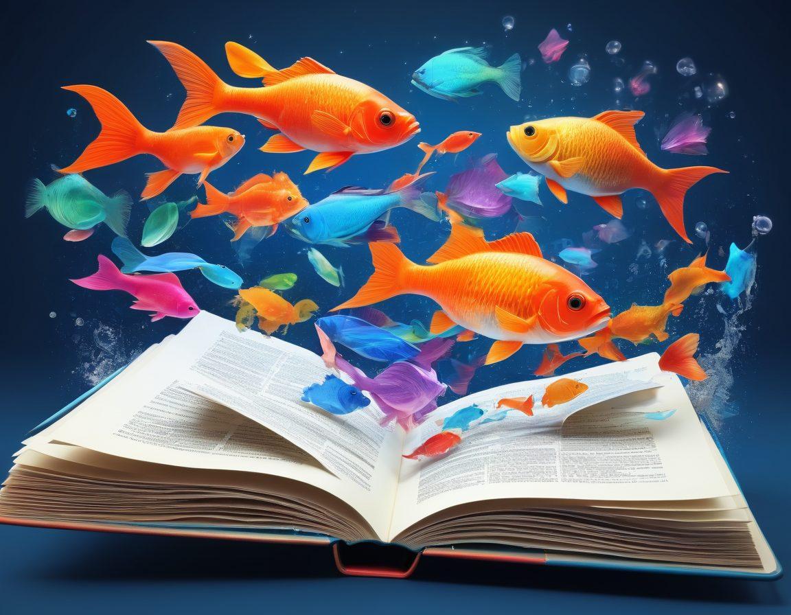 A vibrant collage of various words flowing like a river, with synonyms and antonyms illustrated as colorful fish swimming alongside each other. In the background, an open book emits a soft glow, symbolizing knowledge and communication. Include floating speech bubbles with examples of words and their opposites. The overall composition should reflect a sense of dynamism and creativity. super-realistic. vibrant colors. 3D.